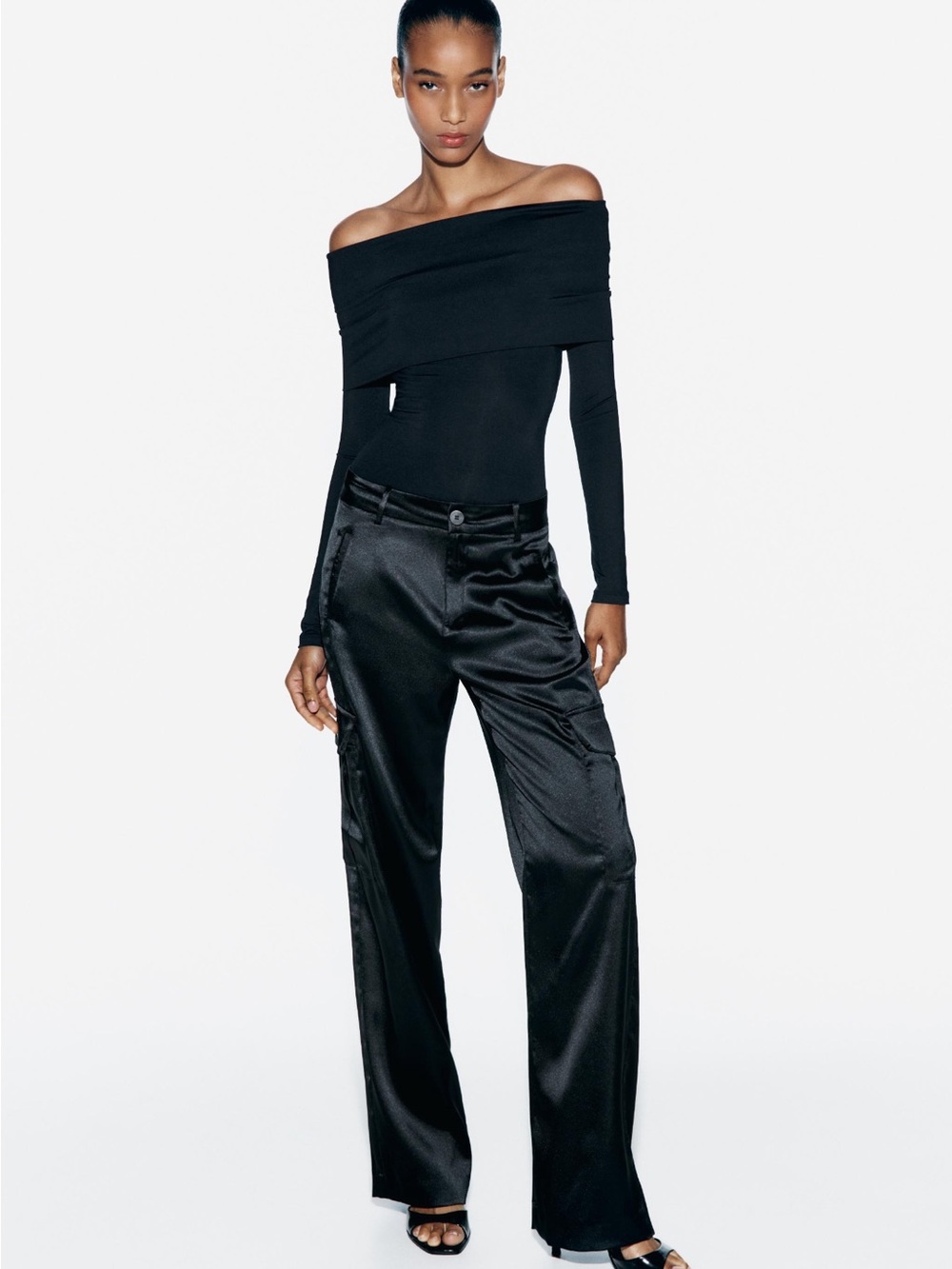 Zara Black Satin Multi-Pocket Cargo Trousers XS
